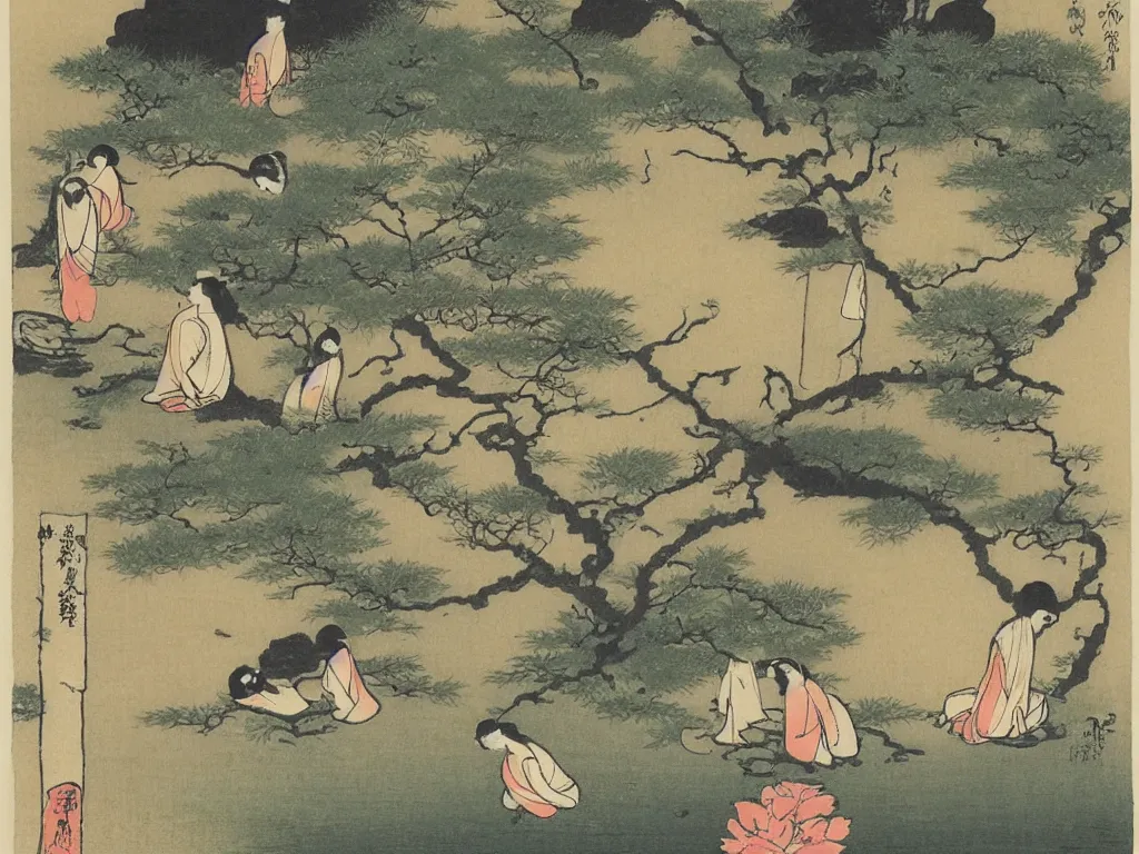 Prompt: four people meditation near a spring, by ohara koson