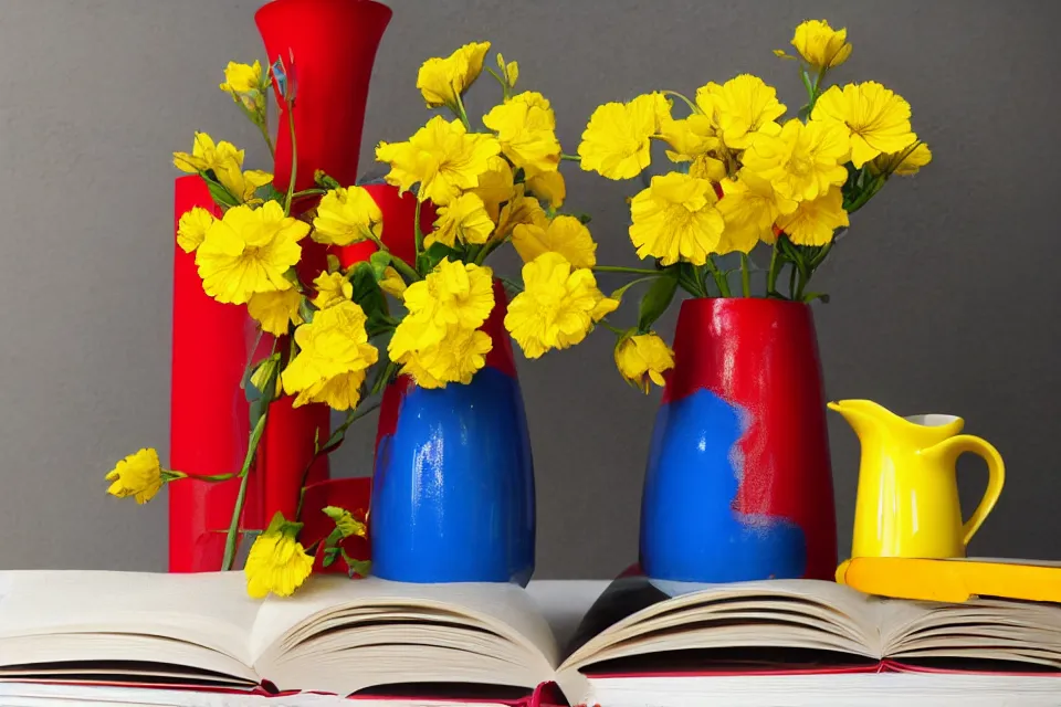 Image similar to red book and yellow vase with blue flowers, photo