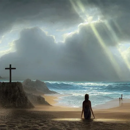 Image similar to a highly detailed matte painting of a large cross standing on the beach as a storm comes in with the tide, woman sitting in the sand watching the ocean, epic fantasy, god rays, rocky beach, ultrawide lense, aerial photography, unreal engine, exquisite detail, 8 k, art by albert bierstadt and greg rutkowski and jeong seon