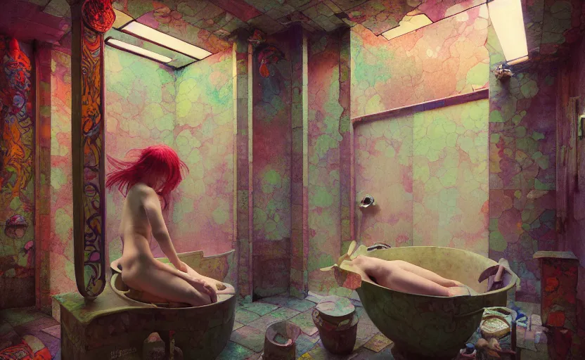 Image similar to bathroom, fantasy. intricate, amazing composition, colorful watercolor, by ruan jia, by maxfield parrish, by marc simonetti, by hikari shimoda, by robert hubert, by zhang kechun, illustration, gloomy