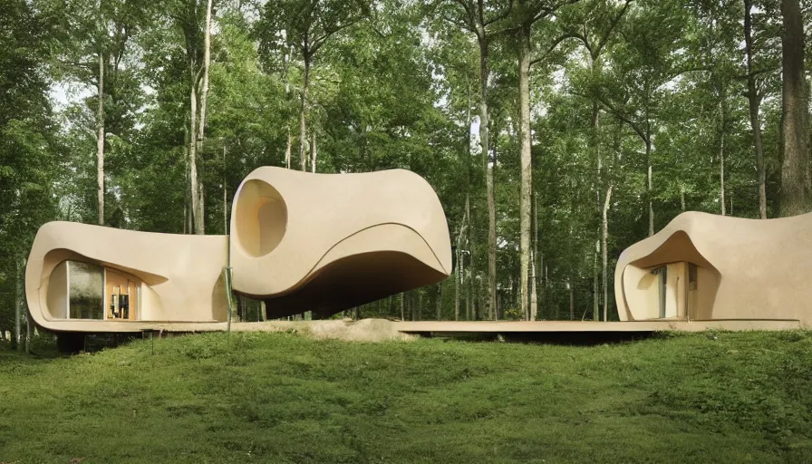 Image similar to A unique innovative and creative eco community of small affordable and contemporary creative cabins in a lush green forest with soft rounded corners and angles, 3D printed line texture, made of cement, connected by sidewalks, public space, and a park, Design and style by Zaha Hadid, Wes Anderson and Gucci