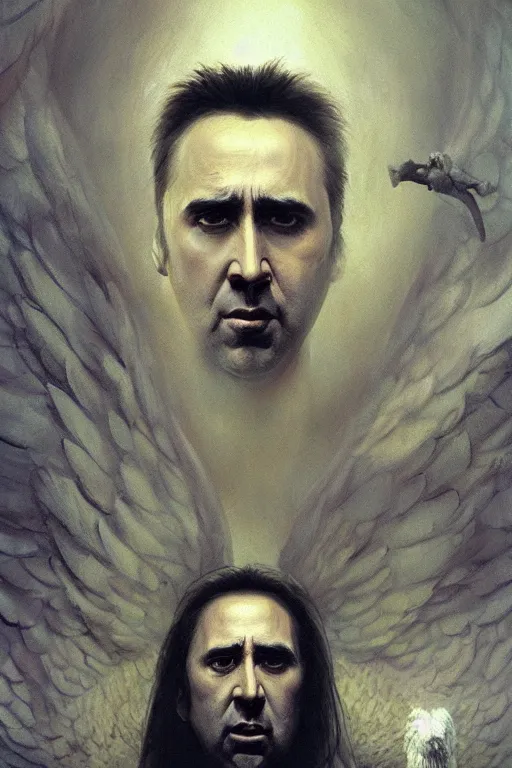 Image similar to Angel Nicolas Cage face with nimbus, dark fantasy, intricate, highly detailed, smooth, artstation, painted by Wayne Barlowe, Greg Rutkowski, zdislav beksinski, Francis Bacon