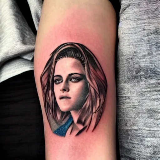 Prompt: tattoo of Kristen Stewart on the arm of a muscular farmer