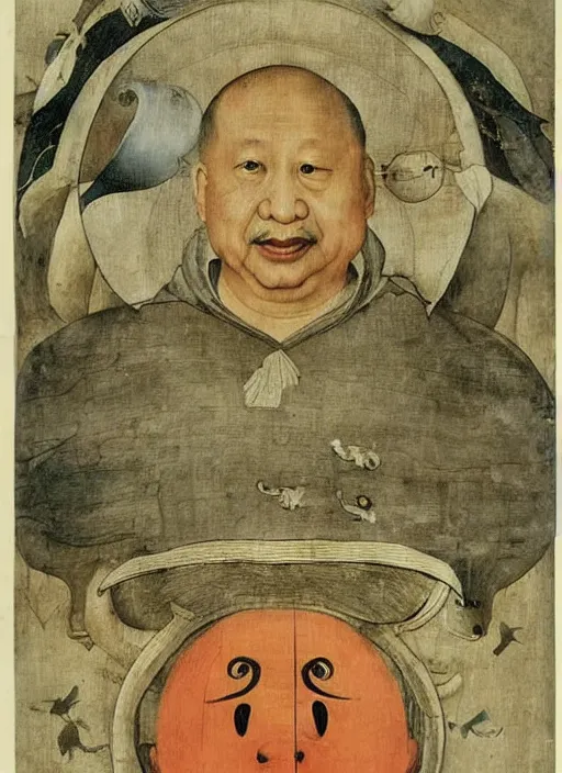 Image similar to Xi Jinping by Hieronymus Bosch and James Jean, rule of thirds, highly detailed features, perfect symmetry, horror elements, horror theme, award winning, totalitarian setting