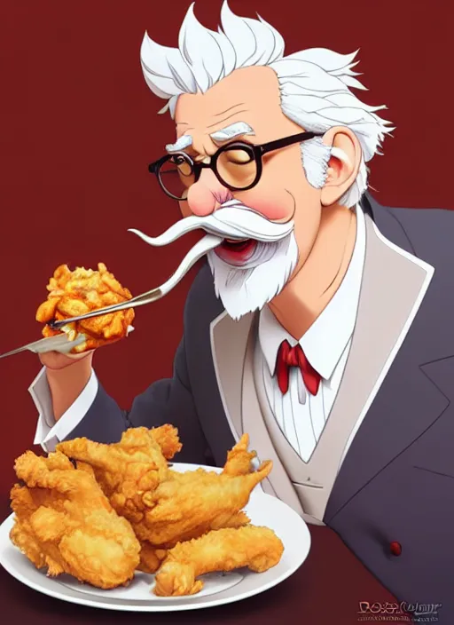 Image similar to cute colonel sanders eating fried chicken, natural lighting, path traced, highly detailed, high quality, digital painting, by don bluth and ross tran and studio ghibli and alphonse mucha, artgerm