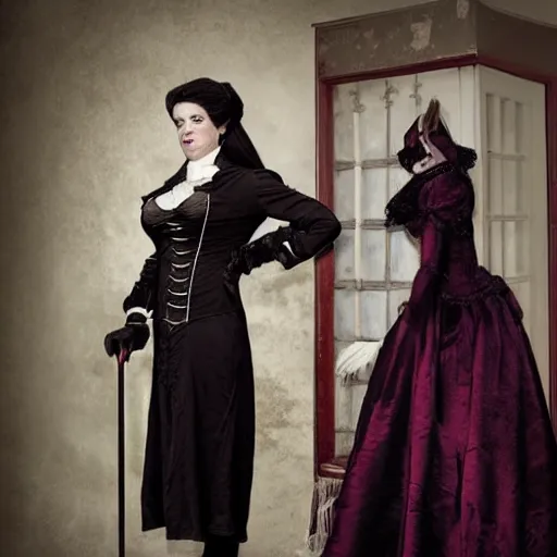 Prompt: tall vampire woman in victorian clothing standing next to normal sized woman