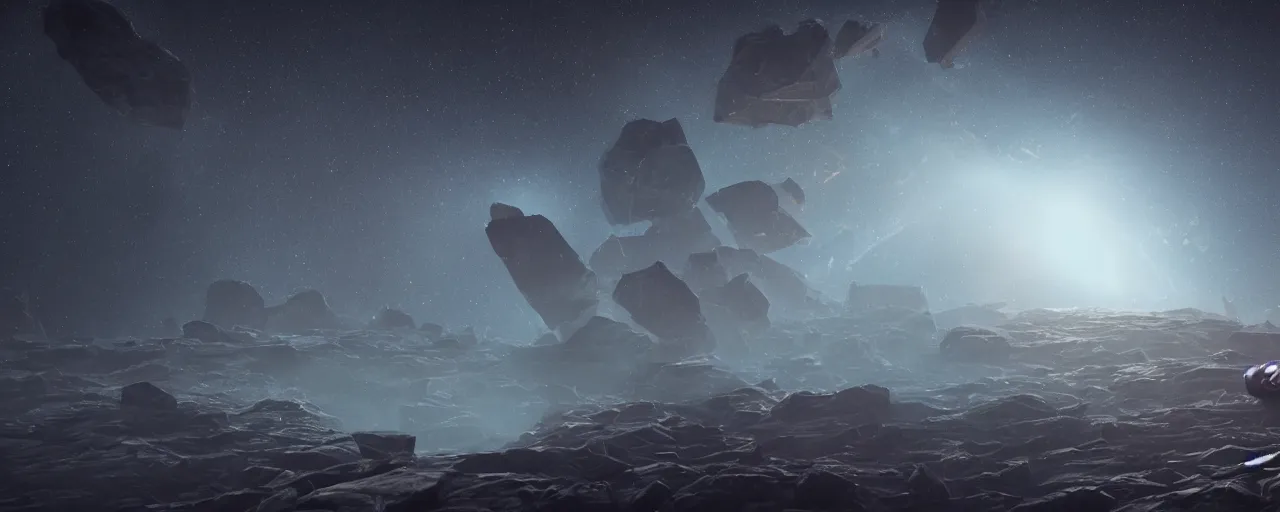 Prompt: movie still, galactic horizon with angular minimalist obsidian monoliths floating in space, cell automata, unreal engine, octane render, detailed and intricate, cloudy, global illumination, volumetric lighting, hubble telescope images, james webb telescope images, detailed and intricate environment, color graded