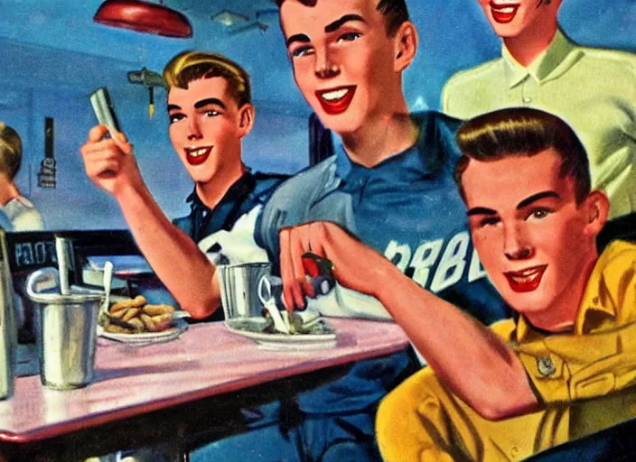 Prompt: 1 9 5 0 s rebel teen male at the local diner, art by guy peellaert and manuel sanjulian and paul cadmus