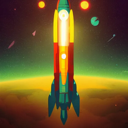 Image similar to A rocketship about to land on an unfamiliar planet, super cool rocket, Acrylic Paint, Concept Art, Digital Art, 16-bit RGB, Global Illumination, by Kilian Eng, by Yoshitaka Amano