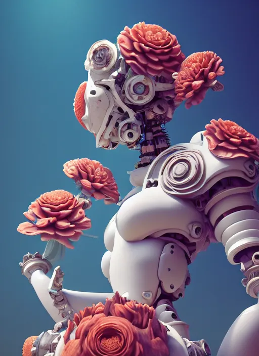 Image similar to perfume sitting on biomechanical corals, daisies, roses in sea foam water, well contoured smooth fair walls with marble statue, up close shot, sharp focus, global illumination, radiant light, alexandre ferra white mecha, irakli nadar, octane highly render, 4 k, ultra hd,