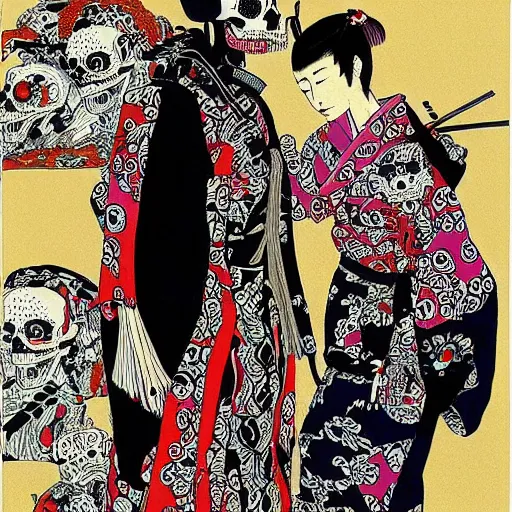 Image similar to portrait of a skeleton samurai and his beautiful Japanese wife by Toshio Saeki, high detailed