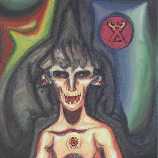 Image similar to portre of an autistic demon on acid, masonic and kabalistic symbols in background, oil painting