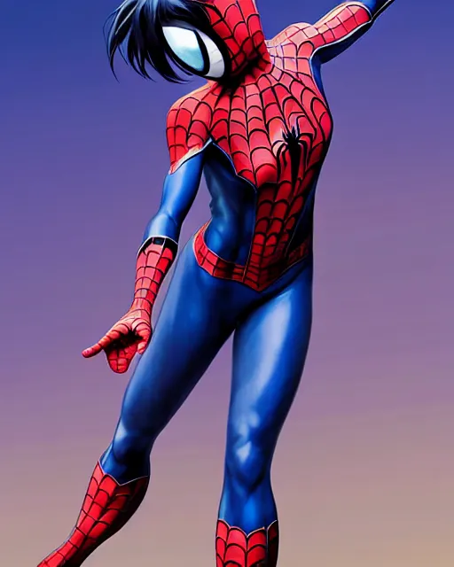 Prompt: full-body portrait Anime spiderman cosplay girl cute-fine-face, pretty face, realistic shaded Perfect face, fine details. Anime. realistic shaded lighting by katsuhiro otomo ghost-in-the-shell, magali villeneuve, artgerm, rutkowski Jeremy Lipkin and Giuseppe Dangelico Pino and Michael Garmash and Rob Rey