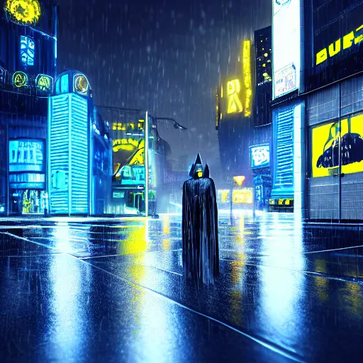 Image similar to highly detailed photorealistic batman in rain, cyberpunk city street, blue and yellow neon lights, highly detailed reflection, studio quality 8k ultra high definition render, trending on ArtStation, concept