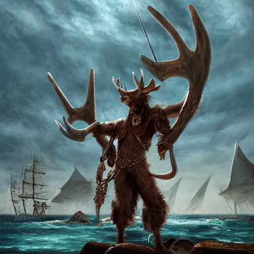 Image similar to anthropomorphic moose barbarian humanoid by wlop, pirate ship, sea, fantasy