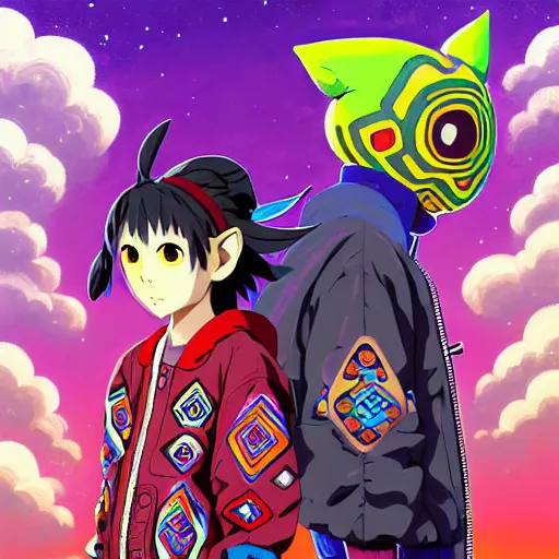 Image similar to majora majora's mask wearing oversized mayan bomber jacket with overalls, bulky poofy bomber jacket with mayan patterns, aztec street fashion, genshin impact art style, gapmoe yandere grimdark, trending on pixiv fanbox, painted by greg rutkowski makoto shinkai takashi takeuchi studio ghibli, akihiko yoshida