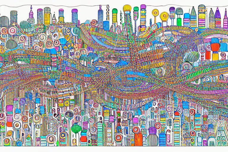 Image similar to an elaborate penned child illustration of a colorful intricate connected city of tubes and pipes, by martin handford and by jan van haasteren