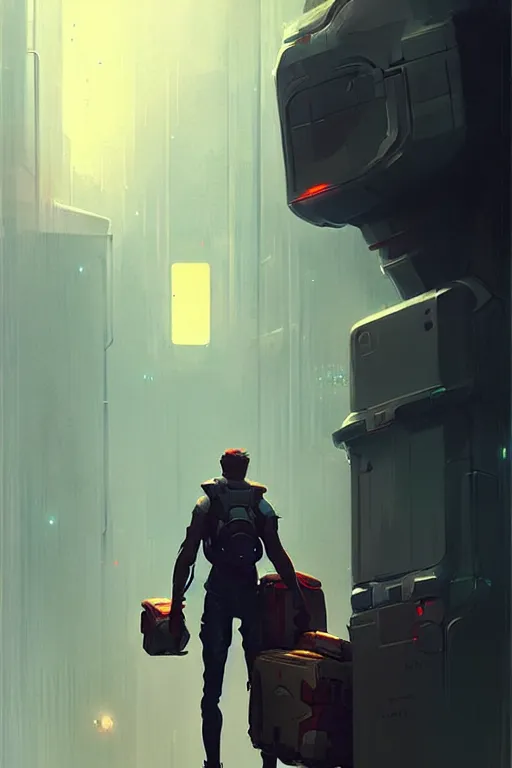Prompt: greg rutkowski travel poster science fiction futuristic delivery boy