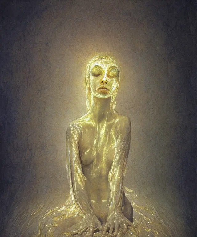 Image similar to Beautiful full-body wax sculpture of glowing transparent woman in glowing cloth with visible gold bones covered with melted white wax inside the singularity where stars becoming baroque folds of dark matter by Michelangelo da Caravaggio, Nicola Samori, William Blake, Alex Grey and Beksinski, dramatic volumetric lighting, highly detailed oil painting, 8k, masterpiece