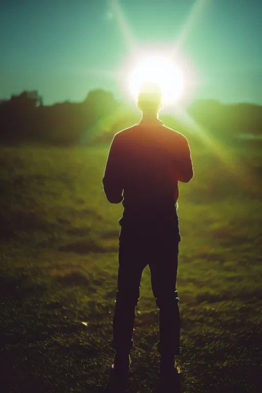 Image similar to agfa vista 4 0 0 photograph of a guy holding a glowing ball of magic, back view, synth vibe, vaporwave colors, lens flare, moody lighting, moody vibe, telephoto, 9 0 s vibe, blurry background, grain, tranquil, calm, faded!,