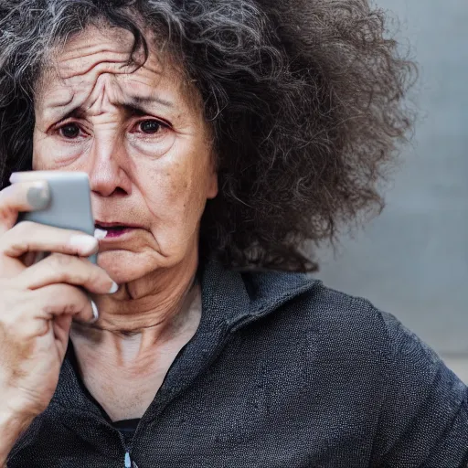 Prompt: astonished and angry middle aged lady looking at smartphone, wild hair, greek ethnicity, straight grey hair, angry eyes, photo, realistic, outdoor lighting, 4 k, 8 k, hd, 3 9 mm lens
