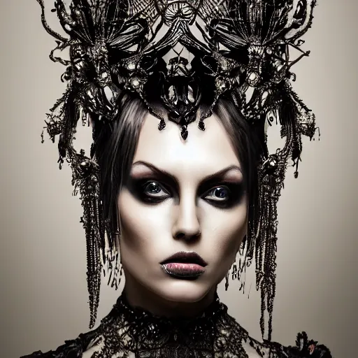 Image similar to a portrait of female model by stefan geselle and nekro borja, photorealistic, intricate details, hyper realistic, ornate headpiece, dark beauty, photorealistic, canon r 3, wide shot, photography, dark beauty, symmetrical features, wide angle shot