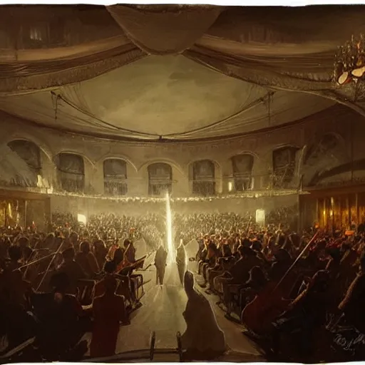 Prompt: Painting by Greg Rutkowski, hundreds of spectators look at an illuminated girl in a white long dress on a theater opera stage with an orchestra, view from the hall