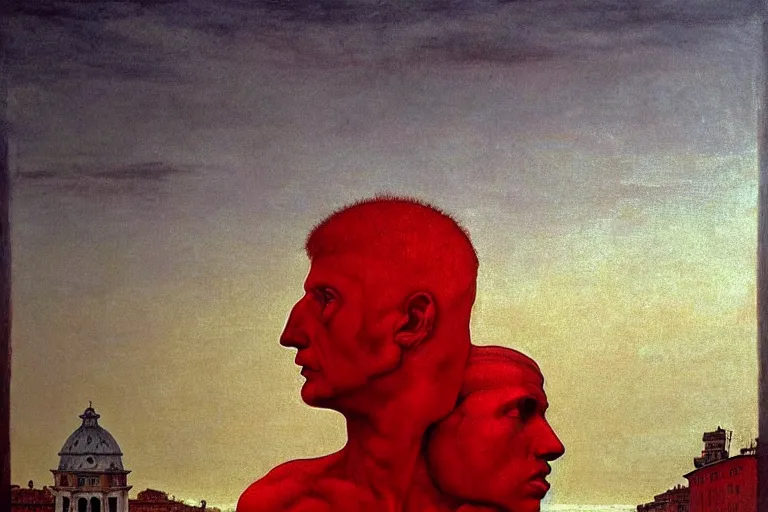 Image similar to only with red, caesar after win war, the deal, a red tiger, in hoc signo vinces, rome in background, an ancient path, in the style of beksinski, part by hopper, part by rodcenko, part by hofbauer, intricate composition, red by caravaggio, insanely quality, highly detailed, masterpiece, red light, artstation