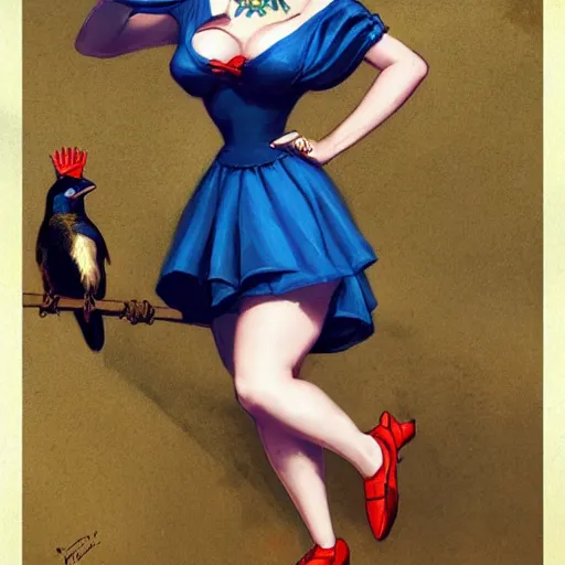 Image similar to pinup girl holding an indigo bunting, bird, the bird is wearing a crown and bowtie by greg rutkowski, rossdraws, gil elvgren, enoch bolles, anime, very coherent