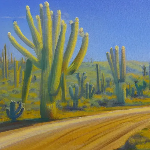 Prompt: a conrad bluff oil painting of a small hill covered in cactus with a circular 1 0 lane highway at it's base full of evening traffic