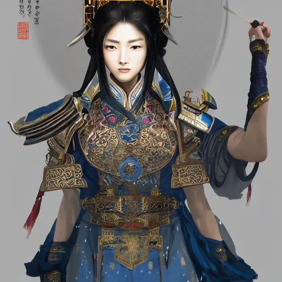 Image similar to ancient chinese princess with steampunk mask, dynasty warriors, headshot, elegant, unreal engine, 8 k, blue color scheme, headshot, highly detailed, smooth, ink painting, artstation, concept art, in style of yoji shinkawa, pan ren wei, col price, atey ghailan, by greg rutkowski, aesthetic