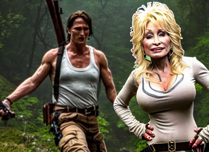 Image similar to film still of!!!! dolly parton!!! as lara croft in new tomb raider movie, 8 k