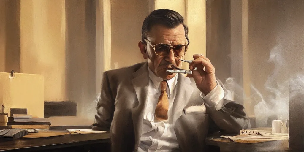 Image similar to beautiful oil matte portrait painting, mafia boss smoking at his 5 0 s new york office desk, wonderful masterpiece highly detailed, beautiful cinematic light deep focus, elegant, digital painting, smooth, sharp focus, golden ratio, dramatic illumination, ultra realistic, 8 k, art by jimmy law