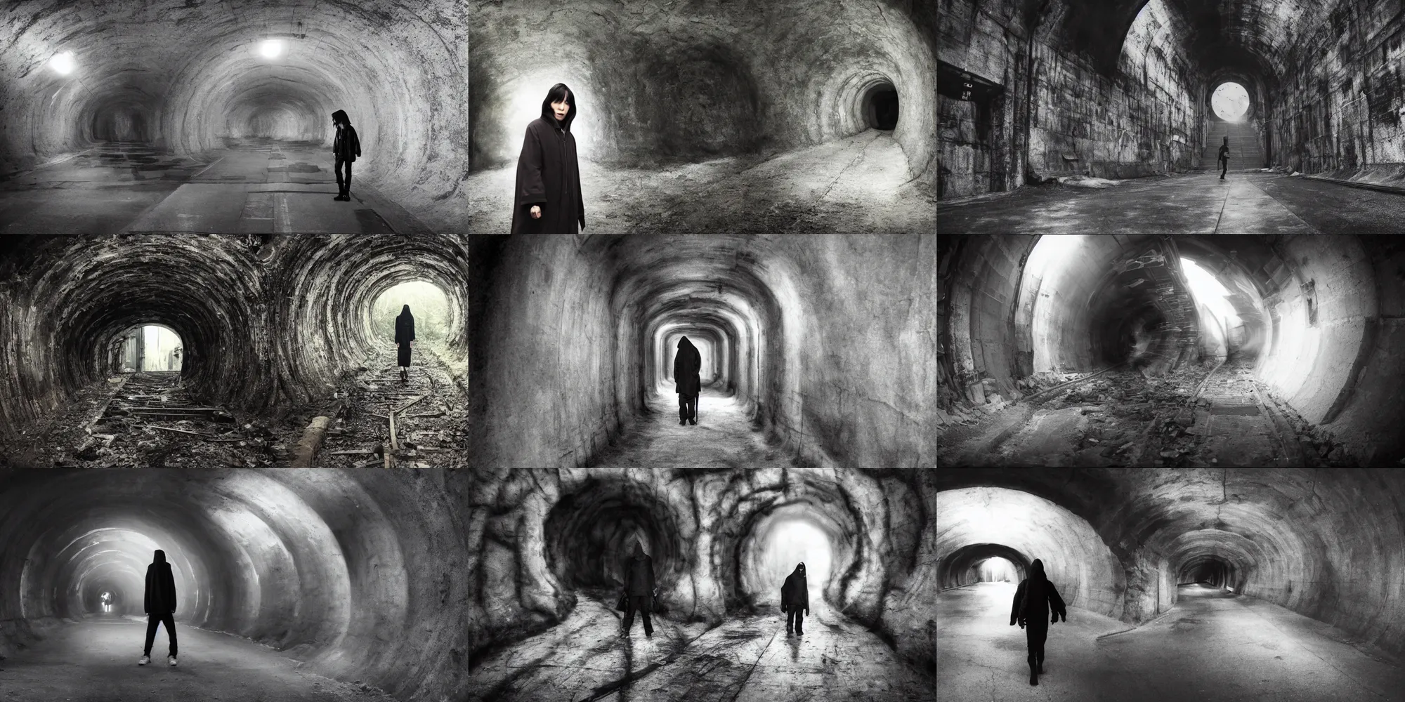 Prompt: mamoru oshii movie scene, hoodie explore, outside a dark train tunnel entrance