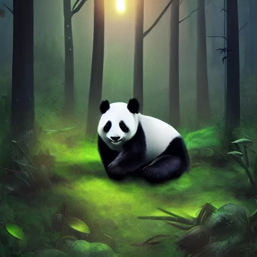 Image similar to a panda in the forest of bioluminescent mushroom ,realistic ,magical forest, 8k , digital art ,