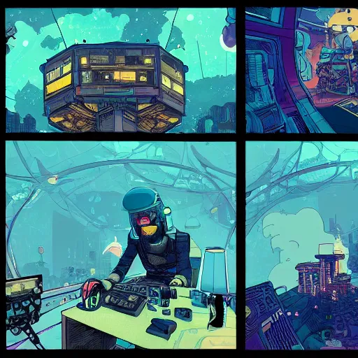 Image similar to explorer with cyberpunk headpiece playing video games in his treehouse, highly detailed, 4k, midnight, by Victo Ngai and James Gilleard , Moebius, Laurie Greasley, adventure time colour palette