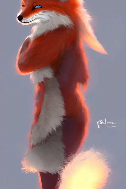 Image similar to an anthropomorphic modern fox with a fluffy tail, backlighting, trending on artstation, digital art, furry art, trending on furaffinity, fantasy art, by kawacy