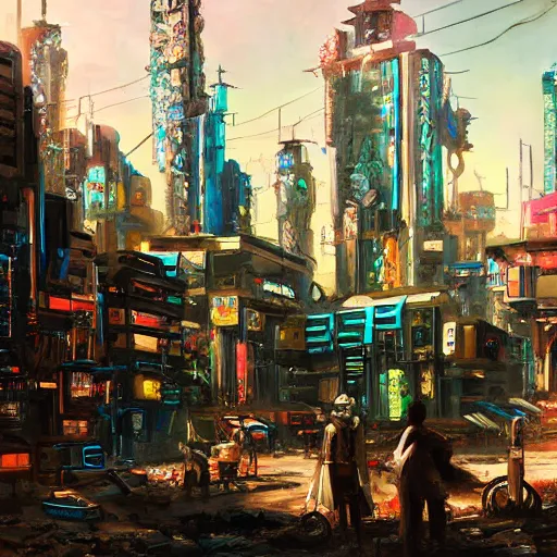 Prompt: an oil painting of a cyberpunk village in 2068, stunning quality