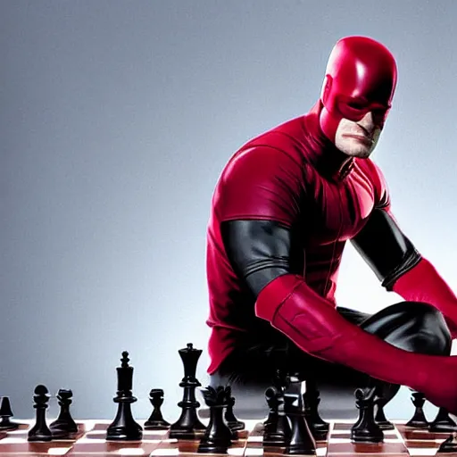 Image similar to daredevil from marvel playing chess, octane, realistic photograph