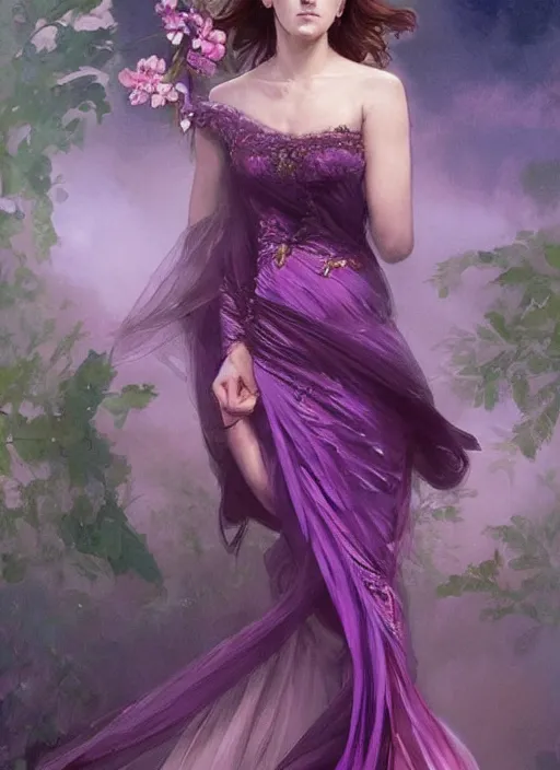 Image similar to full figure emma watson at the yule ball wearing revealing elegant pink and purple dress with flounces. beautiful detailed face. by artgerm and greg rutkowski and alphonse mucha