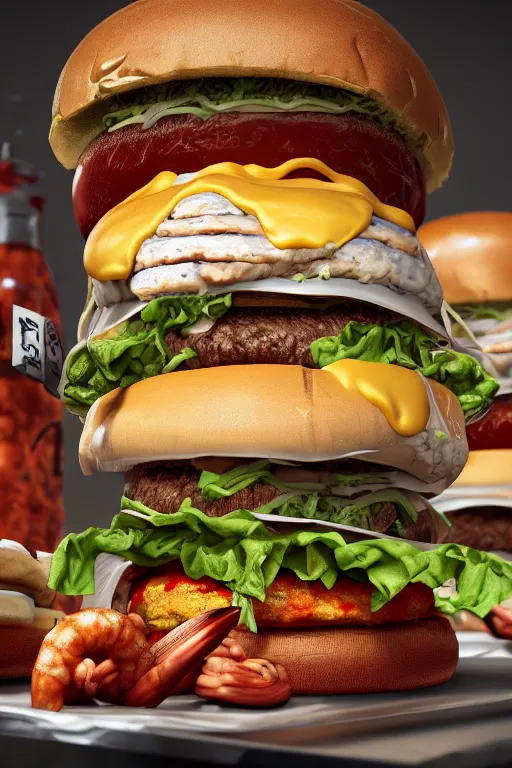 Image similar to tall burger with shrimps and cheese, high details, cinematic, 8k resolution, beautiful detailed, insanely intricate details, artstation trending, octane render, unreal engine,