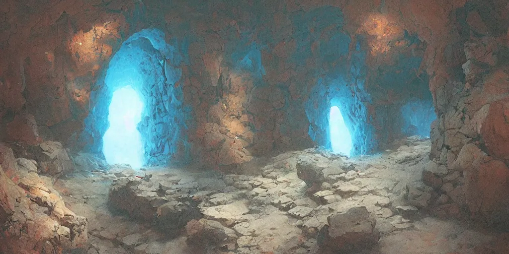 Prompt: painting of majestic curved wall in a cavern with rocky ground, minimal, art by greg rutkowski and beksinski, vivid colors