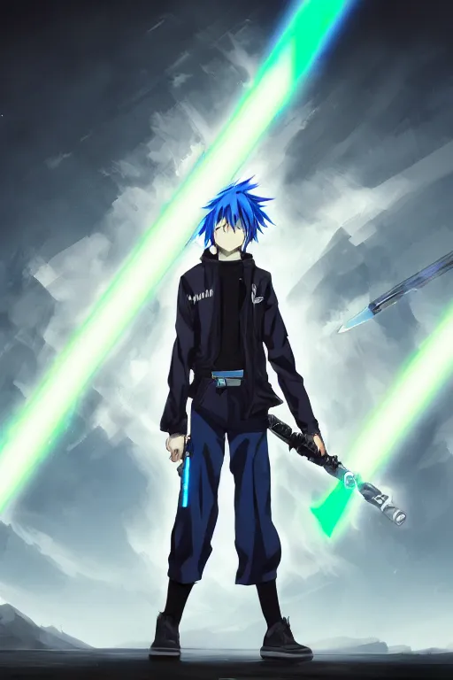 Prompt: anime boy with messy blue hair wearing black long jacket, holding a dual blade lightsaber, WLOP, concept art, digital painting, trending on artstation, highly detailed, epic composition, 8k UHD