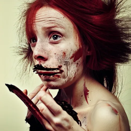 Image similar to inquisitive crooked-toothed medieval thief woman, dark circles on eyes, frizzy red hair, malnourished, candid photograph, painterly