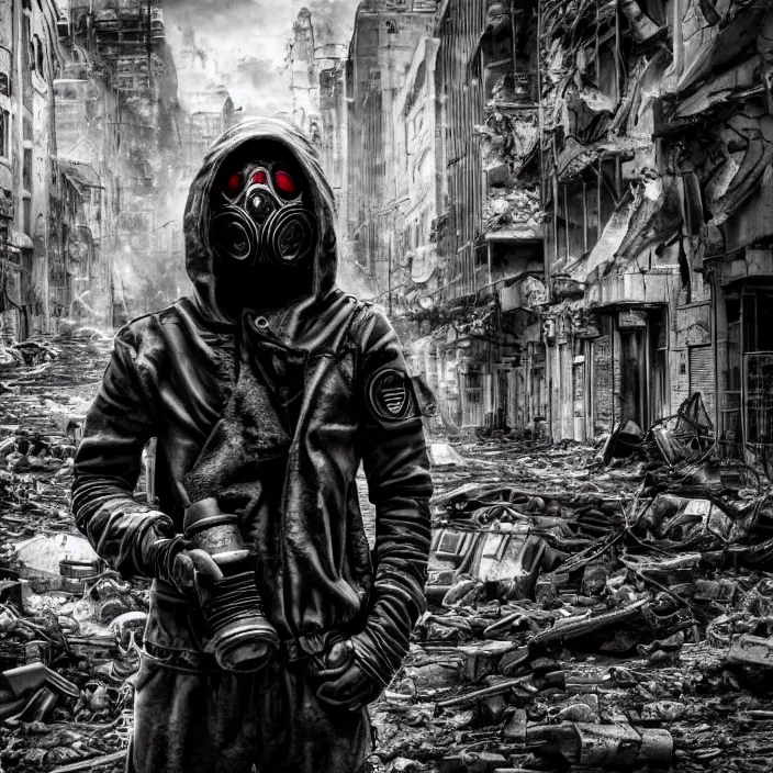 Image similar to gritty hooded apocalyptic man in gas mask standing in street of destroyed city, hyper - detailed, smooth, sharp focus, 4 k ultra hd, fantasy dark art, apocalyptic art