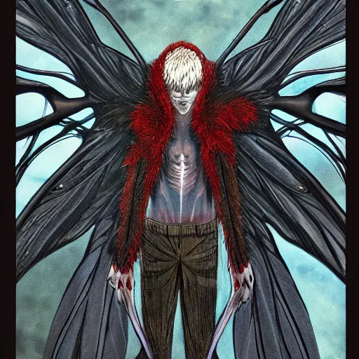 Image similar to 4K headshot of mothman holding something and bloody clothes with giant wings , intricate face , flawless anime cel animation by Kentaro Miura,psychedelic , highly detailed upper body , professionally post-processed , beautiful, scary, symmetry accurate features, epic, octane rendered, anime masterpiece, accurate