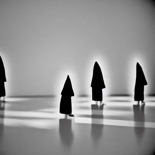 Image similar to conehead puppets wearing suits praying around a illuminated black cube, film grain