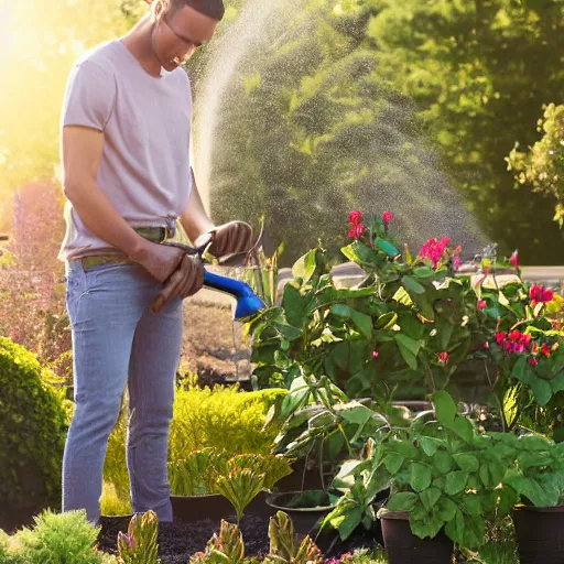 Image similar to a realistic photograph of Crazetopher David Blazing III watering his plants at the Golden hour for home and gardens magazine