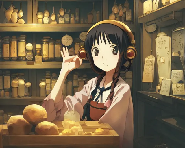 Image similar to anime visual, portrait of a young female traveler in a alchemist's shop interior, cute face by yoh yoshinari, katsura masakazu, studio lighting, dynamic pose, dynamic perspective, strong silhouette, anime cels, ilya kuvshinov, cel shaded, crisp and sharp, rounded eyes, moody