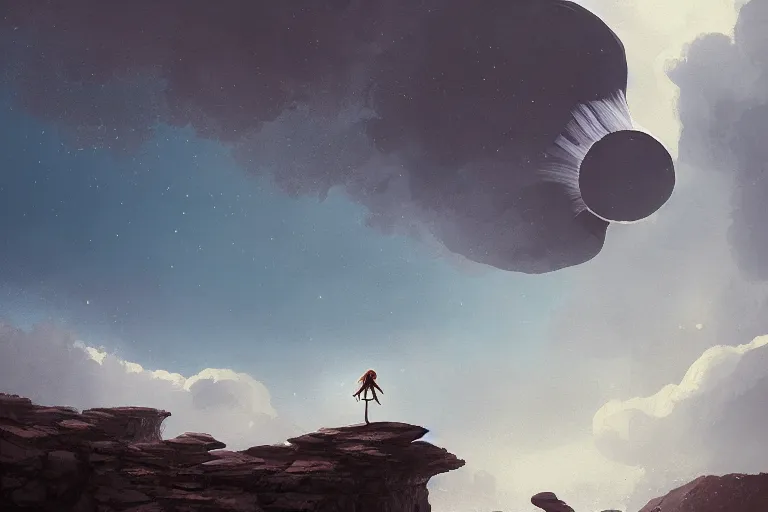 Image similar to giant white daisy flower as head, girl walking on cliff, surreal photography, solar eclipse, milky way, dramatic light, impressionist painting, clouds, digital painting, artstation, james gilleard, liam wong, jeremy mann, simon stalenhag